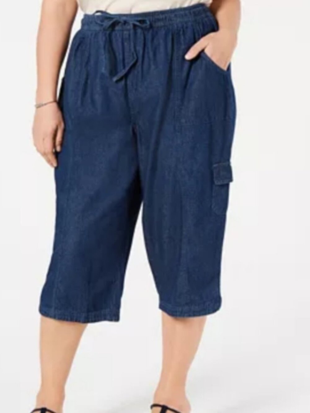 Karen Scott Edna Comfort Waist Cargo Capri Pant - Denim/Twilight Wash